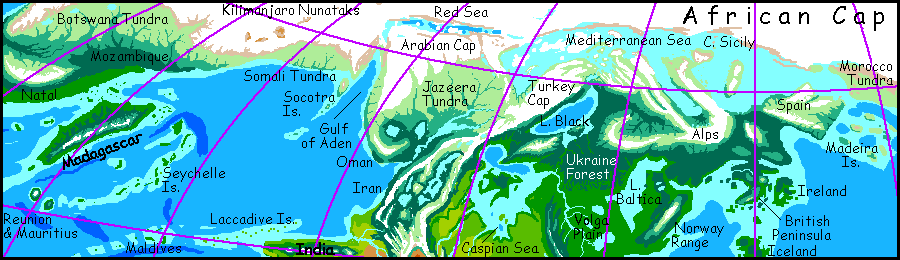 Map of Africa, Arabia and Europe--all cold northlands on Jaredia, an alternate Earth with its north pole in Chad.