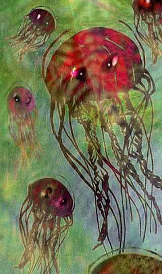 Jellyfish with angry eyes; digital illustration of a dream by Wayan, based on a batik/shibori image of a jellyfish by Joy-Lily at www.joy-lily.com.
