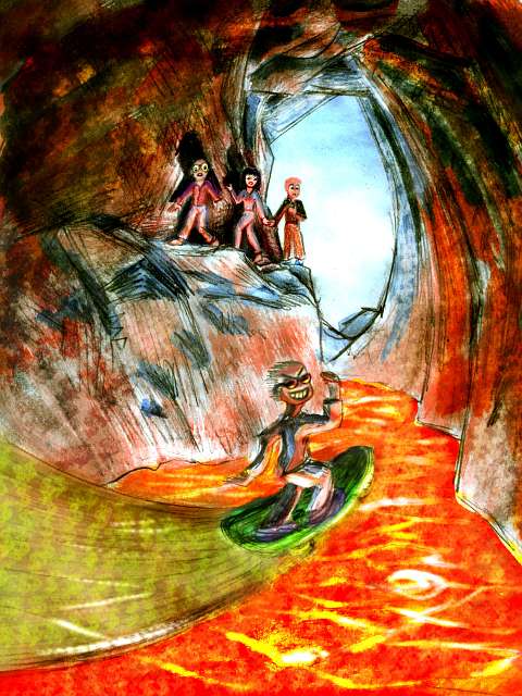 Pencil and acrylic sketch of a dream by Wayan: Joe Cool, a grinning guy in sunglasses, skateboards on lava in a cave of fire