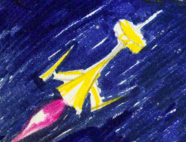 Angular starship seen in a dream; crayon sketch by Chris Wayan.