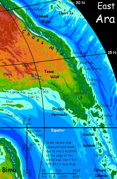 Map of East Ara, a fertile triangular subcontinent on Kakalea, an unlucky Earthlike world: blue seas, red deserts.