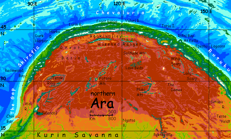 Map of the narrow green northern coastal strip of Ara, a huge desert continent on Kakalea, a model of an Earthlike world full of Australias.