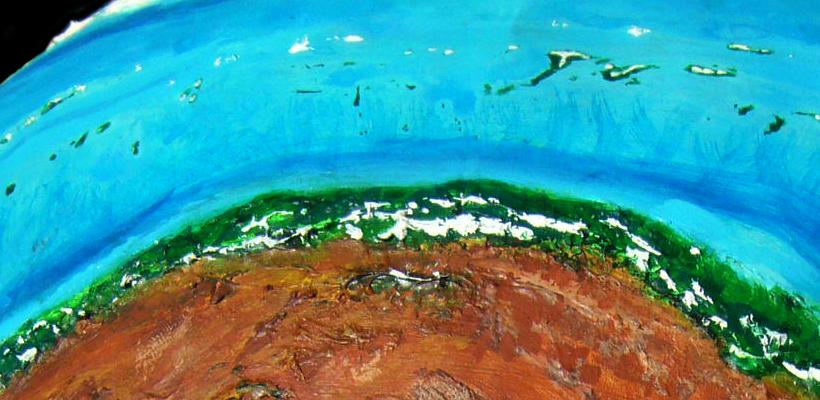Orbital shot of the desert and narrow green northern coastal strip of Ara, a huge desert continent on Kakalea, a model of an Earthlike world full of Australias.