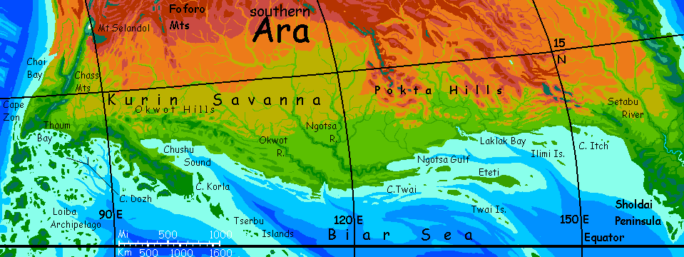 Map of southern Ara, a continent on Kakalea, an unlucky Earthlike world: blue seas, red deserts.