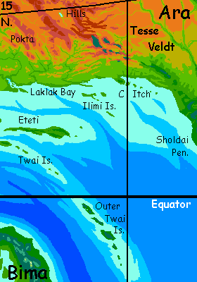 Map of southeast Ara, fertile coast of a desert continent on Kakalea, a dry Earthlike world.