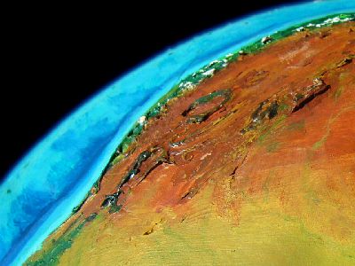 Orbital shot of the Mediterranean northwest coast of Ara, a dry continent on Kakalea, a model of an Earthlike world full of Australias.