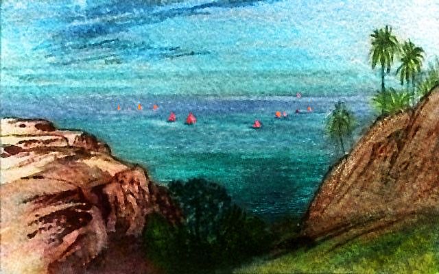 Sketch after Edward Lear of cliff, palm, bright sails on the sea; Artaho Isles on Kakalea, a world model full of Australias and Antarcticas.