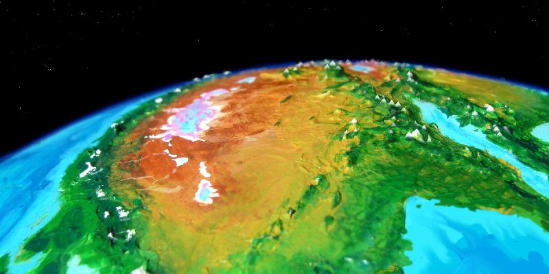 Low-altitude orbital shot of salt flats in east Ata, a desert continent on Kakalea, a model of an Earthlike world full of Australias.