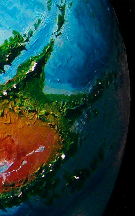 Far east Ata, green tropical peninsulas and islands, on Kakalea, an unlucky Earthlike world: blue seas, red dry continents.