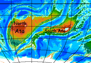 Map of future continent of Ata after rift splits it north-south, on Kakalea, an unlucky Earthlike world: blue seas, red dry continents.