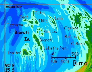 Map of the Biarati Islands, an isolated equatorial group on Kakalea, a model of an Earthlike world full of Australias.