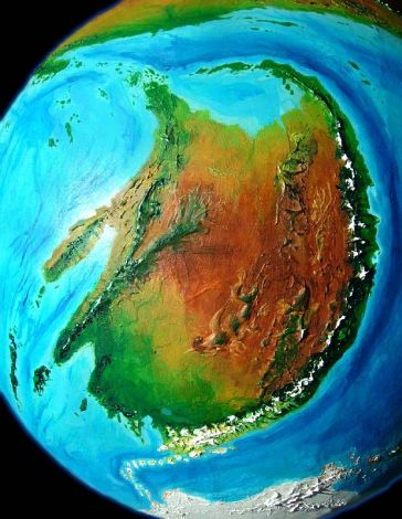 High orbital photo of Bima, a southern continent on Kakalea, a model of an Earthlike world full of Australias. Click to enlarge