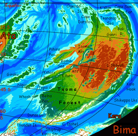 Map of Bima, a southern continent on Kakalea, a model of an Earthlike world full of Australias.