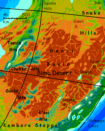 Map of the central mountains and deserts of Bima, a continent on Kakalea, a model of an Earthlike world full of Australias.