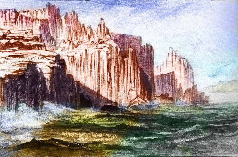 Sketch after Edward Lear of dry seacliffs; west Bima, a continent on Kakalea, a model of an Earthlike world full of Australias.