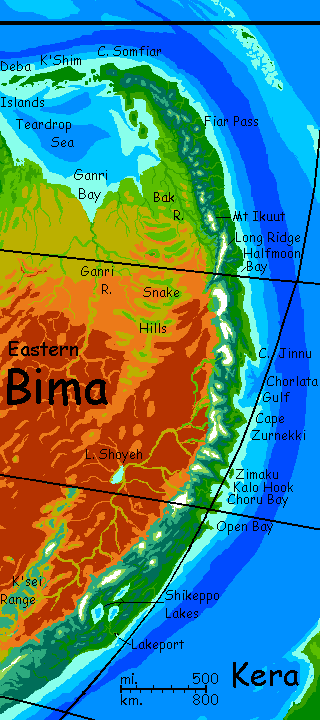 Map of eastern Bima, a southern continent on Kakalea, a model of an Earthlike world full of Australias.