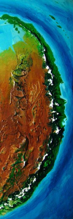 Orbital shot of the green, mountainous east coast of Bima, on Kakalea, a model of an Earthlike world full of Australias.