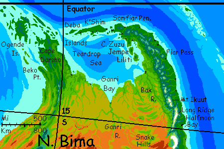 Map of northern Bima, a southern continent on Kakalea, a model of an Earthlike world full of Australias.