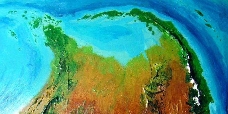 Orbital shot of the tearshaped sea, twin capes and savanna heart of northern Bima, a large continent on Kakalea, a model of an Earthlike world full of Australias.