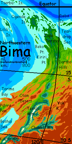 Map of northwest Bima, a continent on Kakalea, a model of an Earthlike world full of Australias.