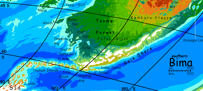 Map of southern Bima and icy Cape Halo on Sia, the antarctic continent on Kakalea, a model of an Earthlike world with a desert problem.