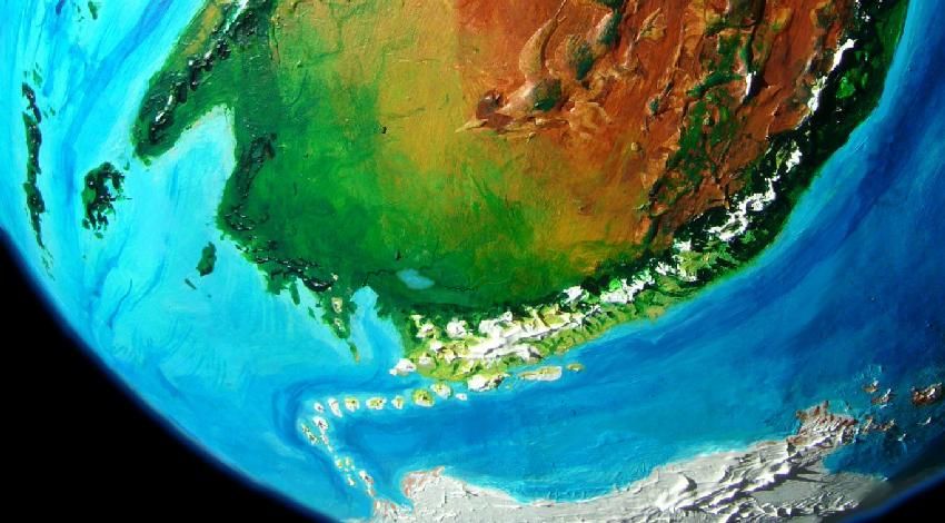 Orbital shot of temperate southern Bima and part of the antarctic continent of Sia on Kakalea, a model of an Earthlike world full of Australias.