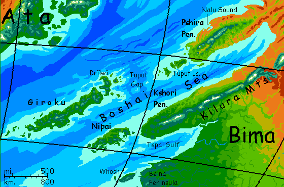 Map of southwest Bima, a southern continent on Kakalea, a model of an Earthlike world full of Australias.