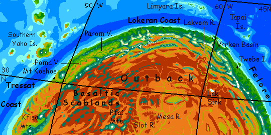 Map of northern Fika, a small continent on Kakalea, a model of an Earthlike world full of Australias.