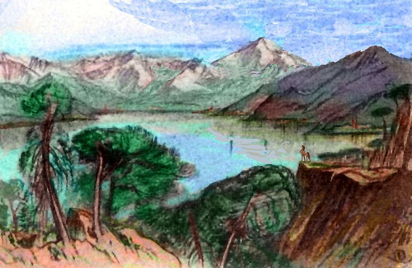 Sketch after Edward Lear of volcanic Mt Koshos on western Fika, a continent on Kakalea, a model of a dryish Earthlike world.