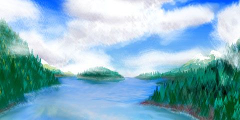 Sketch of evergreens in misty fjord; south Bima, on Kakalea, a model of an Earthlike world full of Australias.