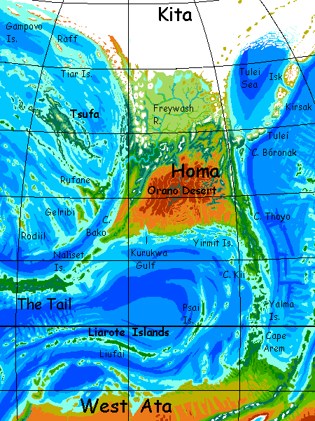 Location map of Homa, a subcontinent on Kakalea, an unlucky Earthlike world: blue seas, red dry continents.