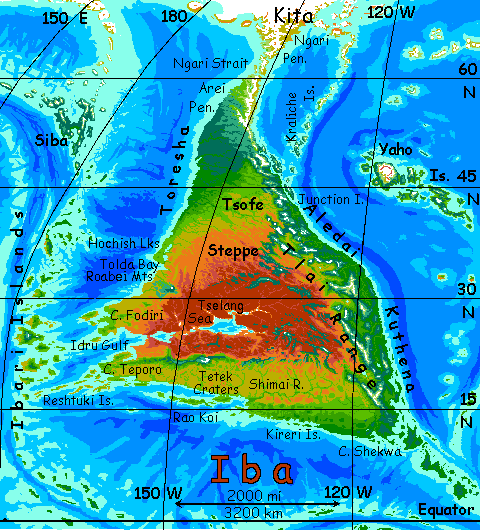 Map of Iba, a continent on Kakalea, an unlucky Earthlike world: blue seas, red dry continents.