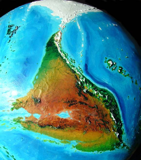Orbital shot of wedge-shaped Iba, a dry continent on Kakalea, a model of an Earthlike world full of Australias.