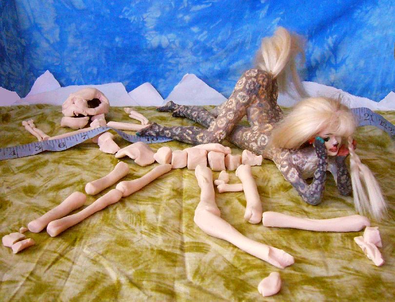 Proni, a centauroid, dances the discovery of mammoth Barbie bones on Ngari Strait north of Iba, a continent on Kakalea, a climatically unlucky Earthlike world. Click to enlarge.
