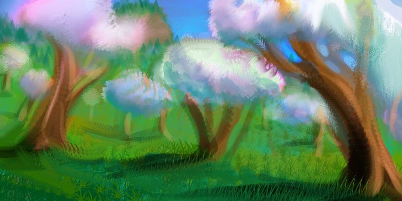 Sketch an orchard of pink-blossomed trees in northeastern Iba, a continent on Kakalea, an Earthlike world full of Australias.