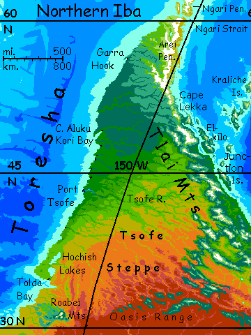 Map of northern Iba, a temperate continent on Kakalea, a model of an Earthlike world full of Australias.