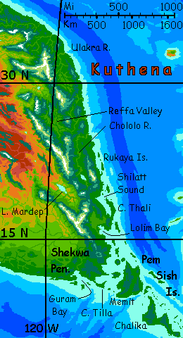 Map of green southeast Iba, a mostly dry continent on Kakalea, a model of an Earthlike world full of Australias.