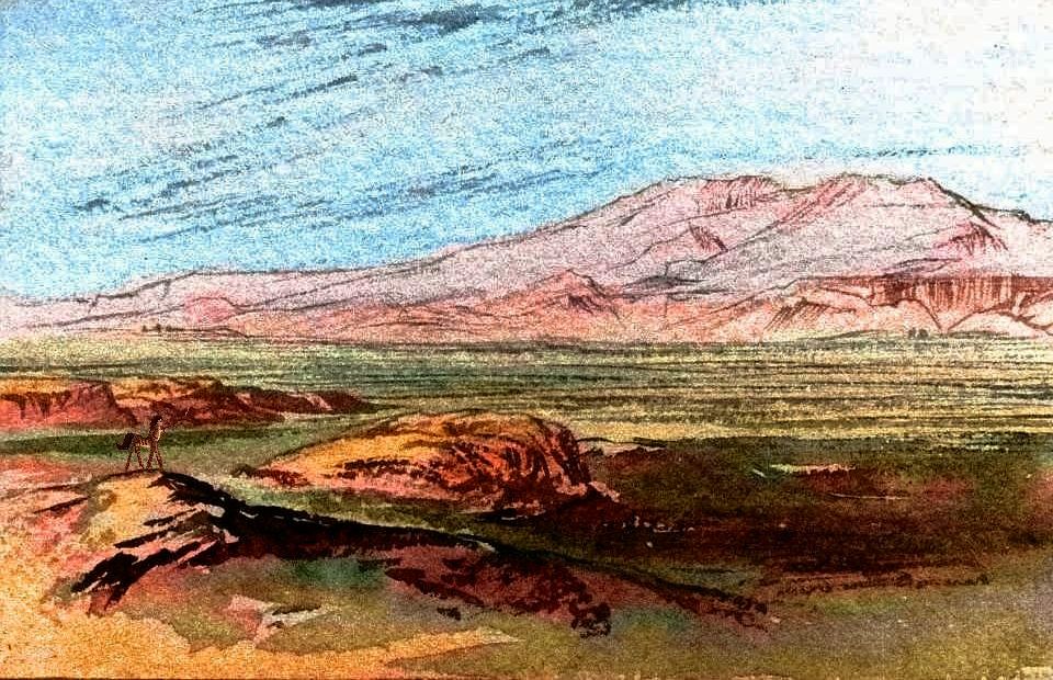 Sketch after Edward Lear of a zebrataur viewing desert and mountains in central Iba, a continent on Kakalea, an Earthlike world full of Australias.