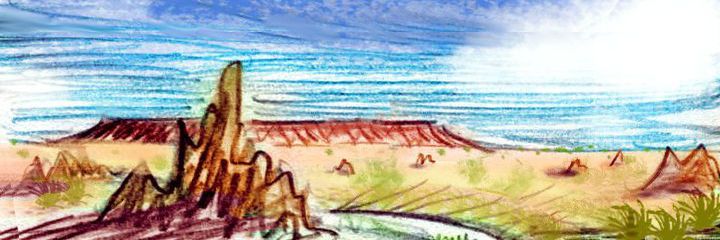 Sketch of savanna, termite mounds, and the distant wall of Tetek Crater, a meteor scar on Iba, a continent on Kakalea, an Earthlike world full of Australias.