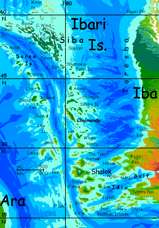 Map of Ibari Islands on Kakalea, an unlucky Earthlike world: dry continents.