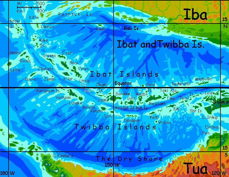 Map of Ibat and Twibba Islands, tropical chains on Kakalea, a model of an Earthlike world full of Australias.