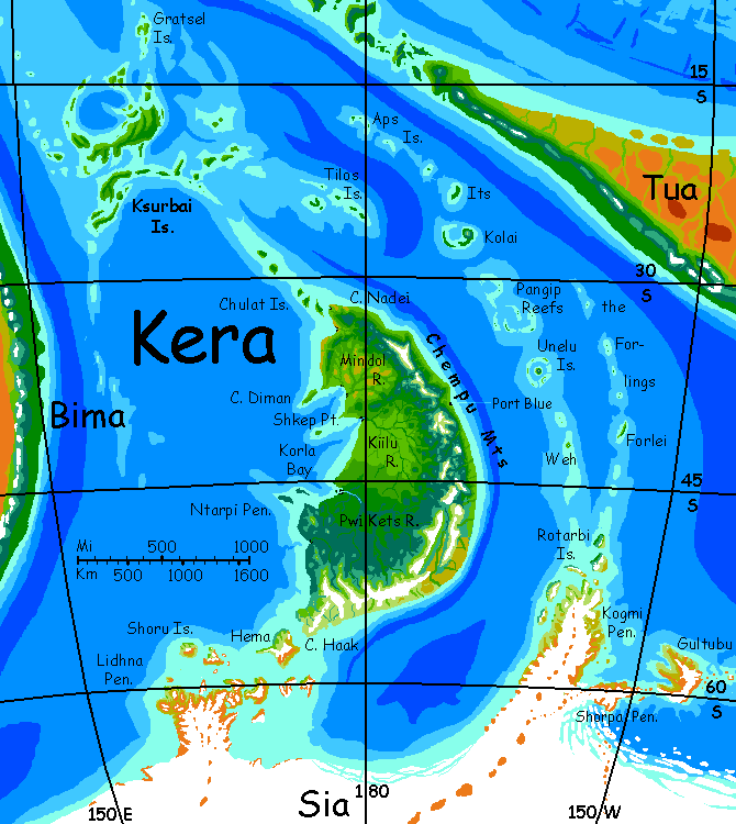Map of Kera, a small but fertile southern temperate continent on Kakalea, a model of an Earthlike world full of Australias.