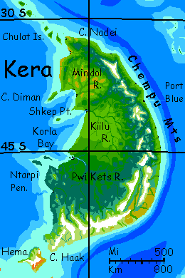 Map of Kera, a small but fertile southern temperate continent on Kakalea, a model of an Earthlike world full of Australias.