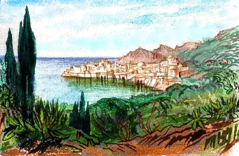 Sketch after Edward Lear of Nadei Harbor, northern Kera, a small southern continent like an oversized New Zealand, on Kakalea, a model of a world with dry continents.