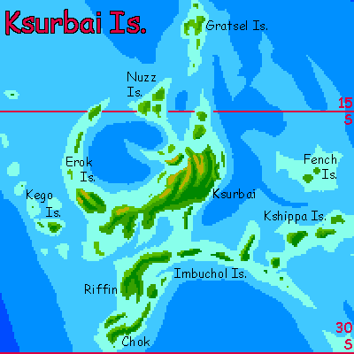 Map of the fertile, subtropical Ksurbai Archipelago on Kakalea, a model of an Earthlike world with mostly dry continents.