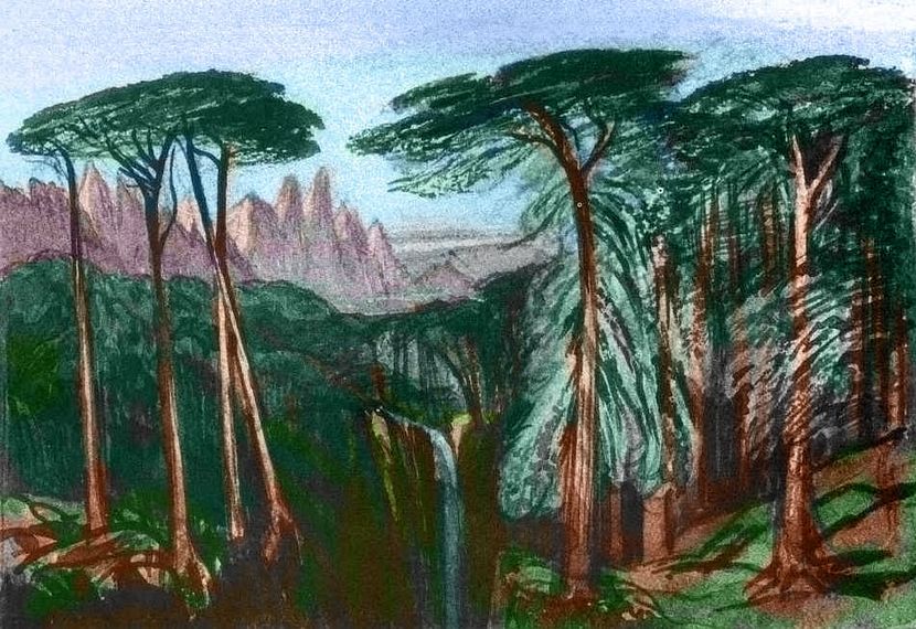 Sketch after Edward Lear of waterfall in Ntarpi Forest, western Kera, a small southern continent like an oversized New Zealand, on Kakalea, a model of a world with dry continents.