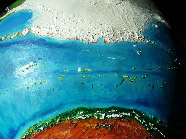 Orbital shot of arctic Kita, dry Ara, and the Sibali and Sorea Islands in the Kiaro Ocean between them, on Kakalea, a model of an Earthlike world full of Australias.