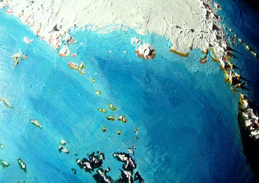 Orbital shot of arctic Kita, the nordic isle of Siba, and the Sibali and Sorea Islands in the Kiaro Ocean on Kakalea, a model of an Earthlike world full of Australias.