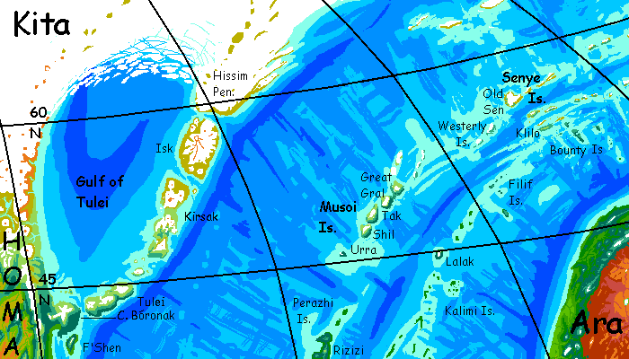 Map of the Musoi and Tulei Islands east of Homa, a continent on Kakalea, a model of an Earthlike world full of Australias.