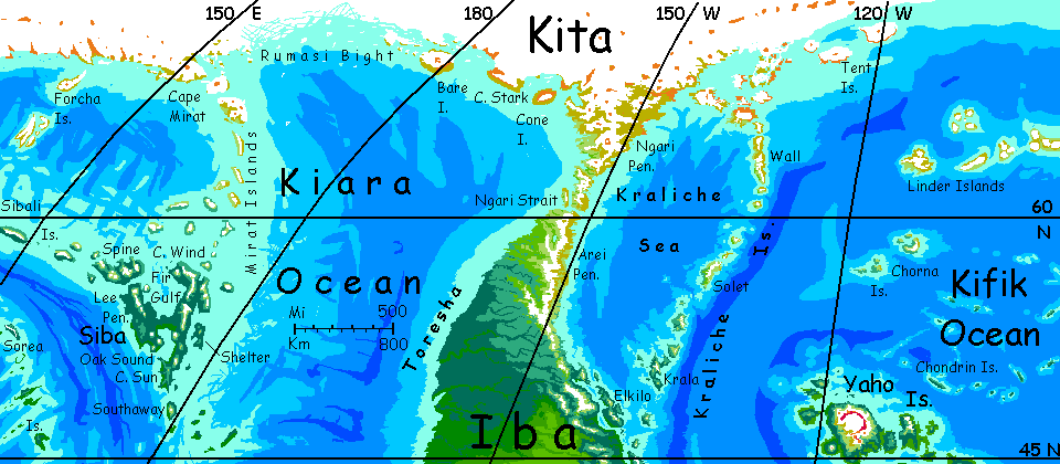 Map of the coast of Kita, an arctic continent on Kakalea, a model of an Earthlike world full of Australias.